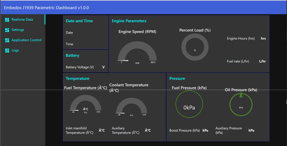 Embedos_CAN - J1939 Datalogging Dashboard showing decoded parameters in varied widgets